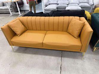 77.6" 3 Seater Sofa, Modern PU Leather Couch with Golden Legs & Armrests & 2 Pillows for Living Room, Brown(small damage)