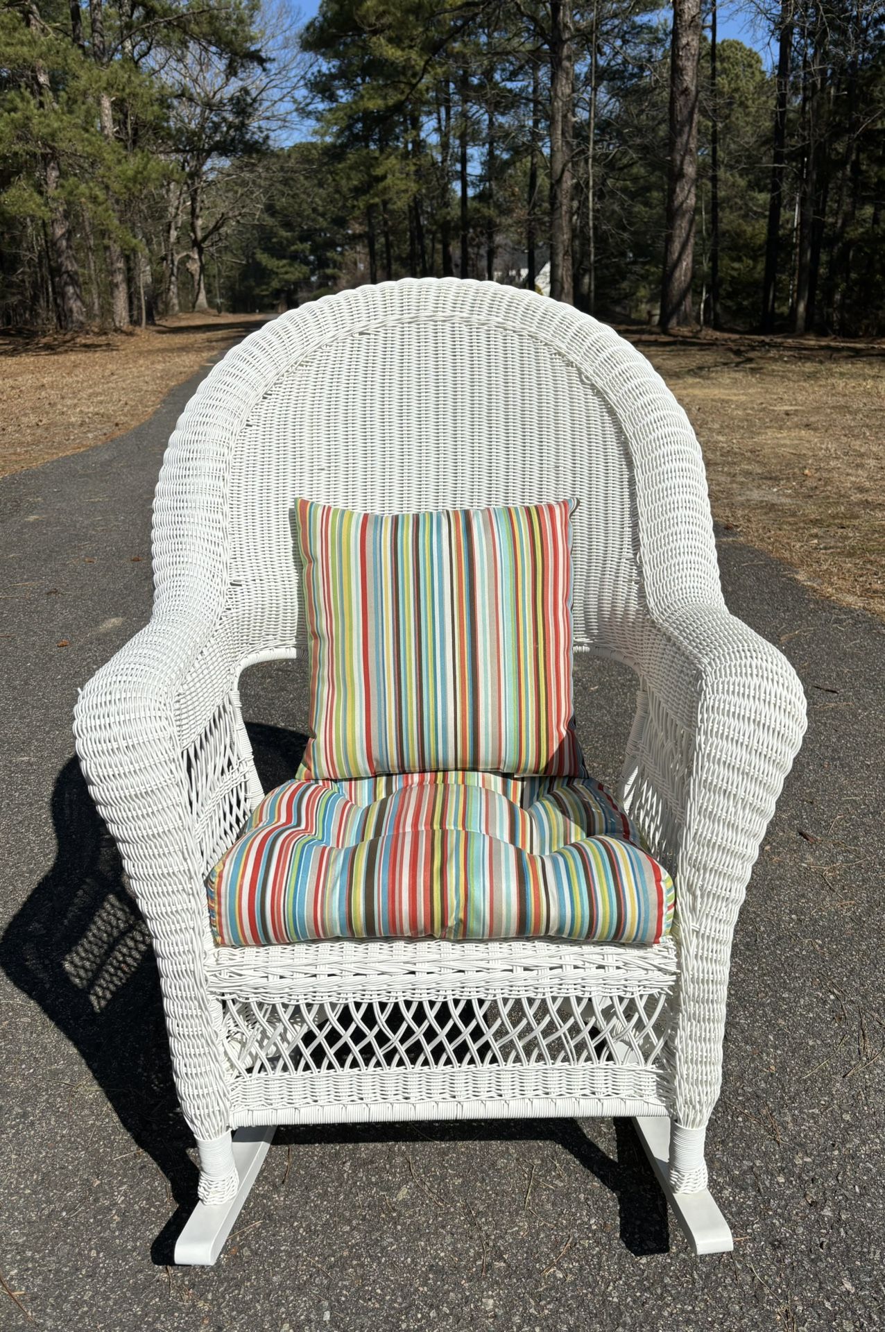 Pretty White Resin Outdoor / Indoor Rocking Chair w/ Cushions