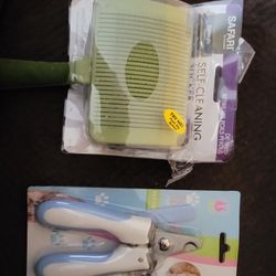 NEW SELF CLEANING DETANGLE DESHED DOG BRUSH &  PET GROOMING CLIPPERS, SCISSORS, FILE
