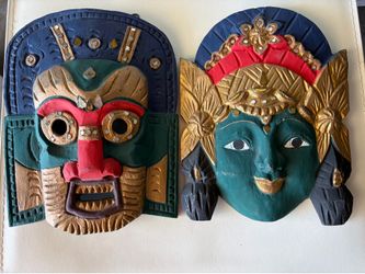 Pair of Himalayan Hand-Carved Deity Masks: Nepalese/Tibetan Art