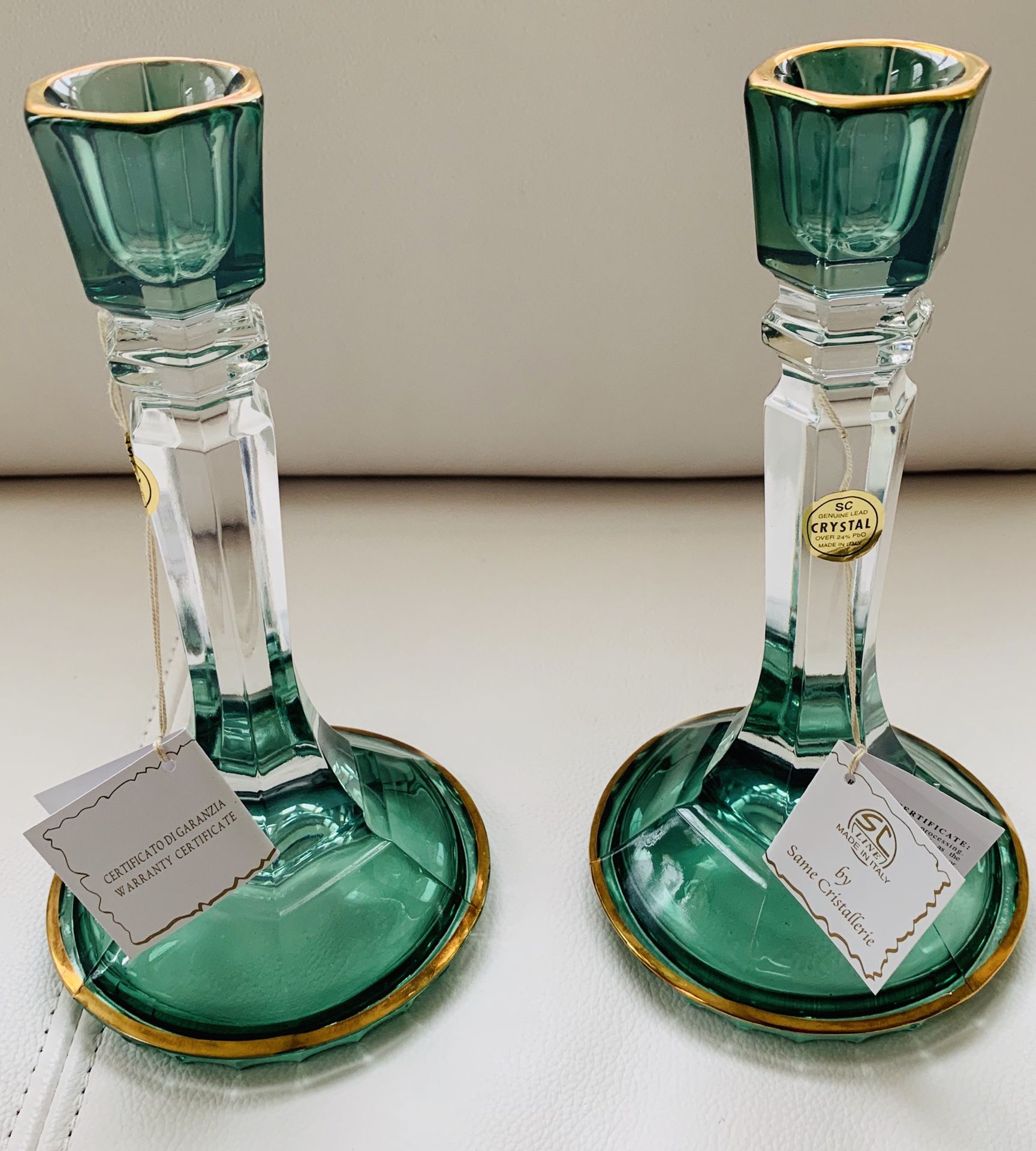 SC Line by Same Cristallerie Emerald Crystal made in Italy Candle Sticks
