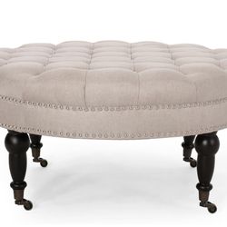 Round Ottoman with Caster Wheels, Classic Footsool Bench with Button Tufted Top