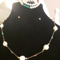 Asian Pearl Real 14k Gold Emerald, Ruby, And Sapphire set