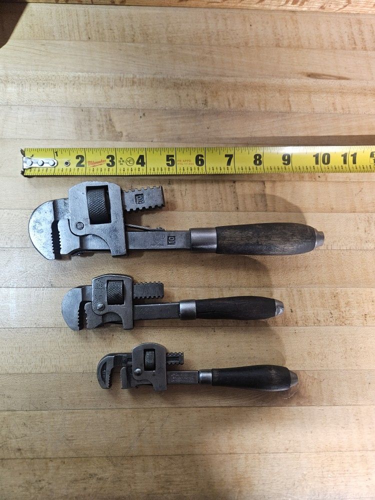 Vintage 6" 8" 10" Wood Handle Pipe Wrenches