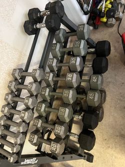 Dumbbells from 3-50 pounds plus rack