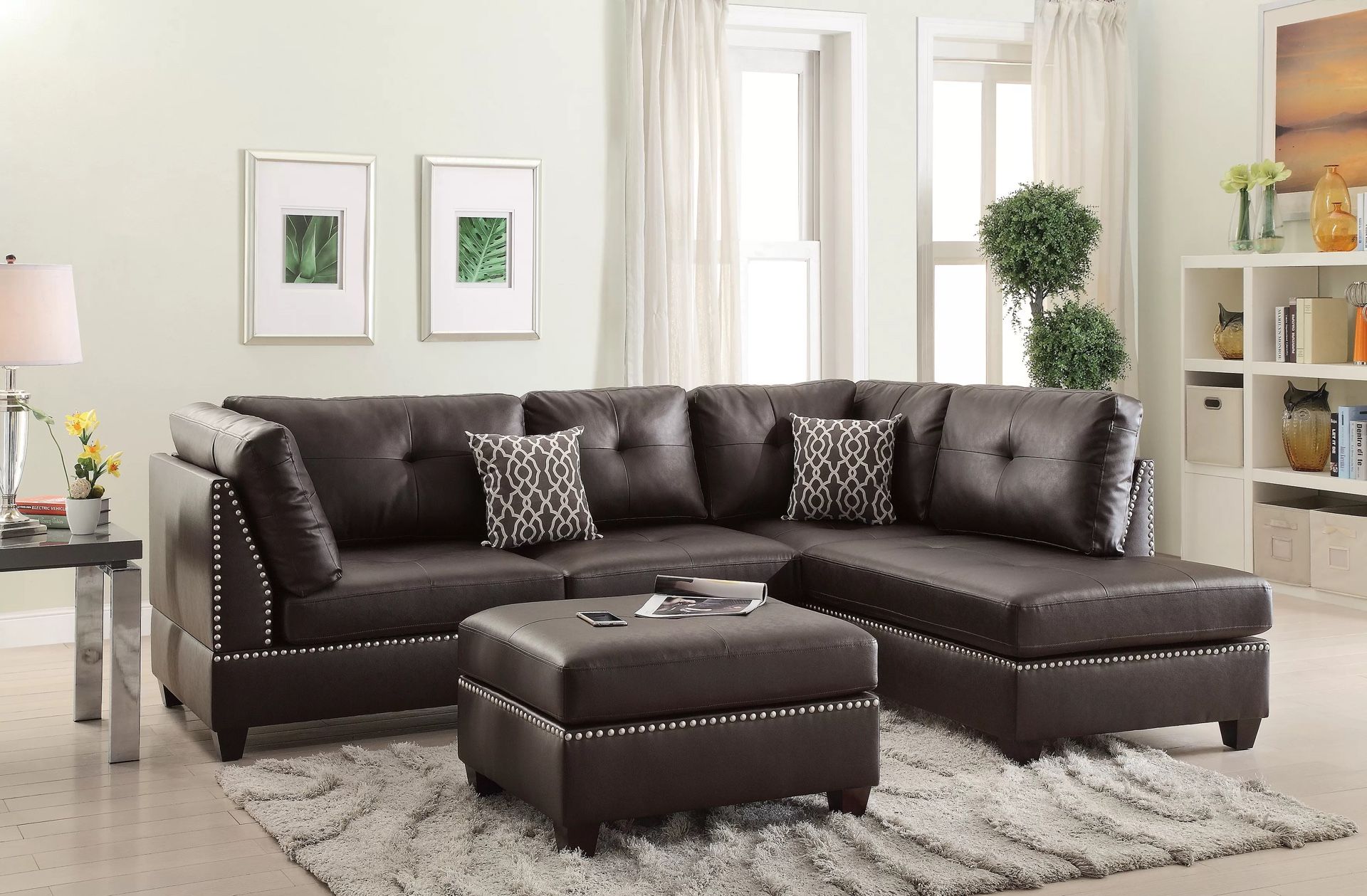 NEW BLACK LEATHER SECTIONAL & OTTOMAN