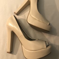 Beige Patent Peep Toe Chunky Heels Size 8. WORN ONCE.