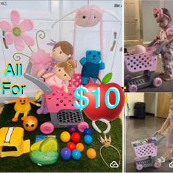 $10 🛒Big Bundle of Toys Shopping 🛒 cart,2 Dolls,wall decor Flower,🌸 hair clipper holder etc all