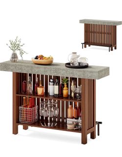 LITTLE TREE 63-Inch Home Bar Table, 2-Tier Storage Shelf Mini Bar Unit, Kitchen Pub Table, Small Indoor Bar Counter, Grey + Rustic Brown