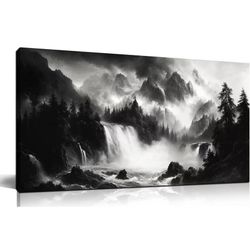 Mountain Pictures Wall Art for Living Room Black and White Waterfall Wall Art for Bedroom Tree Wall Decor for Office 20 x 40 Inch