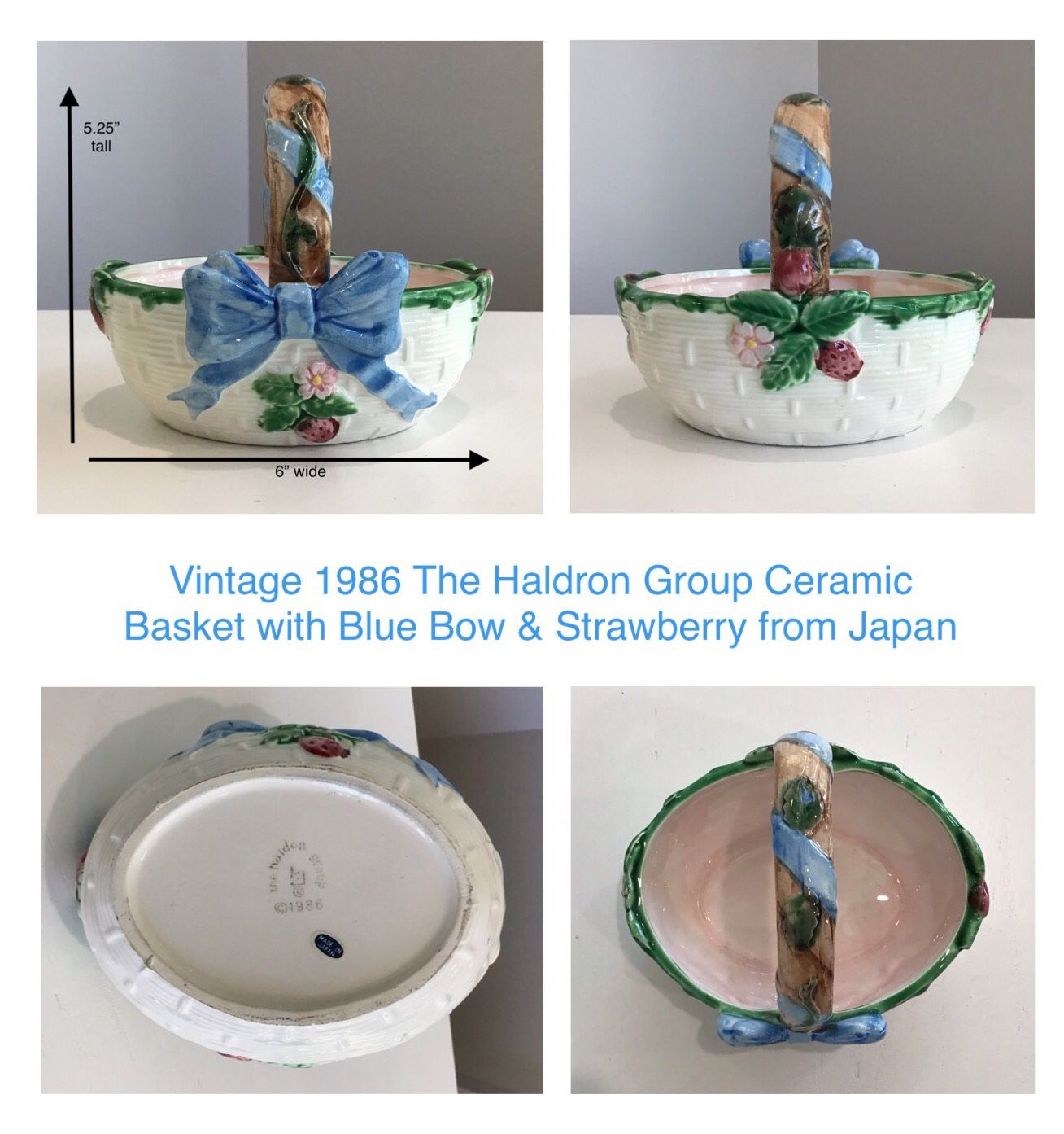 Vintage 1986 The Haldron Group Ceramic Basket with Blue Bow & Strawberry from Japan 