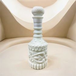 Vintage Milk Glass Liquor Bottle /Decanter w Stopper Pressed White Glass Floral