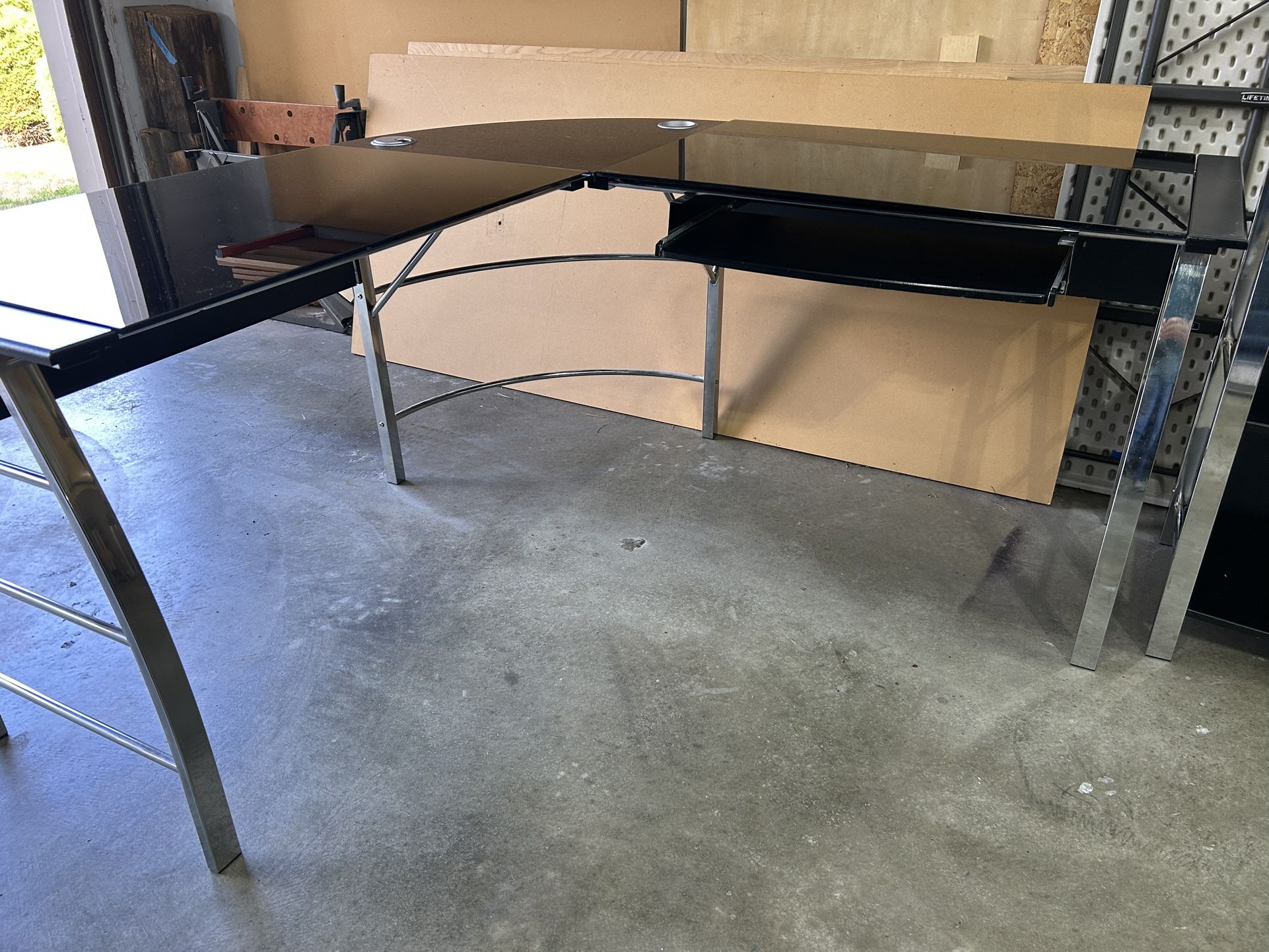 Black And Chrome, Glass Top Desk w/Shelving