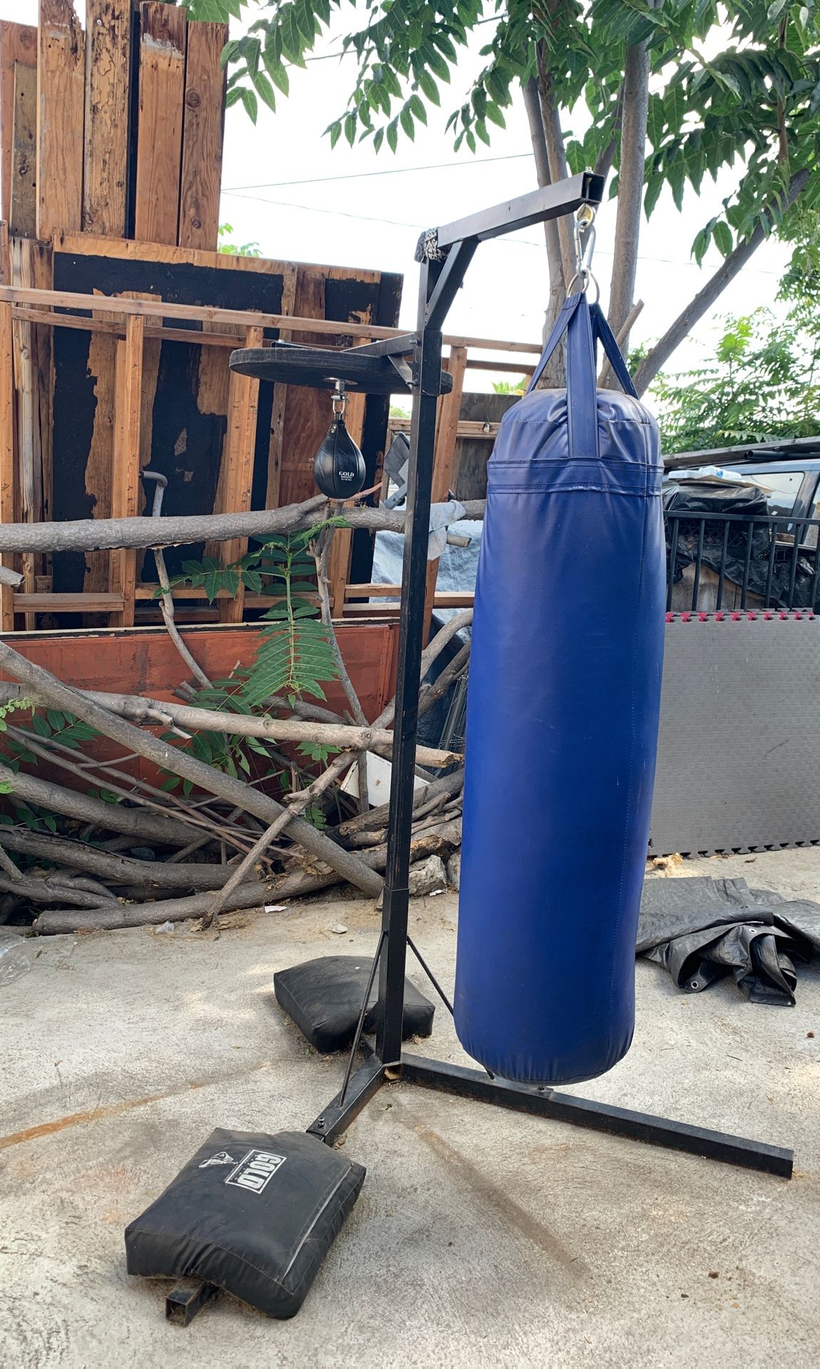 Punching bag, stand and speed bag.