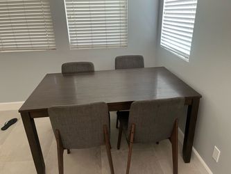 Dark Brown Dining Table with 4 Grey Chairs