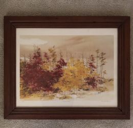 Autumn Hike Print by John Allen Stock 1986 with Wide Dark Wood Frame under Glass. 32 inches wide by 26 inches tall.