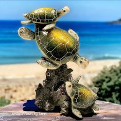 SALE!  Brand New! 9 1/2" Green Sea Turtle Family Sculpture Coastal Nautical | SHIPPING IS AVAILABLE