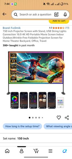 150 inch Projector Screen with Stand, USB String Lights Connection 16:9 4K HD Portable Movie Screen Indoor Outdoor,Wrinkle-Free Foldable Projection Sc