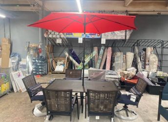 Living Accents Patio Dining Set with 6 Chairs and Red Umbrella