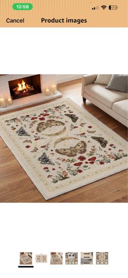 Artoid Mode Beige Poppy Moth Mushroom Moon Area Rug, Fall Home Decor Low-Profile Washable Large Rug for Living Room Bedroom Farmhouse Dining Room Kids