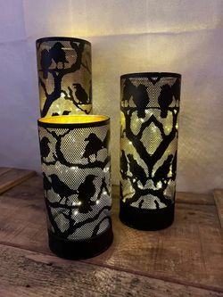 Harvest Lane Halloween Raven LED Etched Glass Hurricanes 3-Piece Set