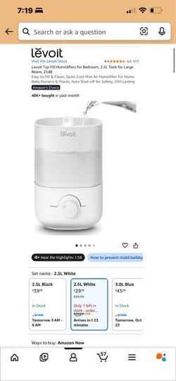Levoit Top Fill Cool Mist Humidifier 2.5L
