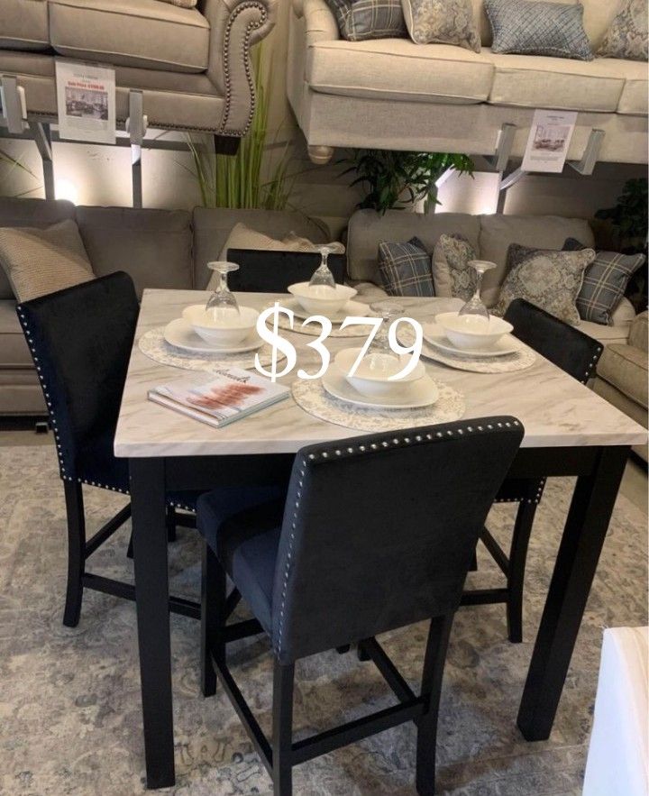 Elegant! 5-pc Counter Height Dining Table Set With Black Velvet Upholstered Chairs