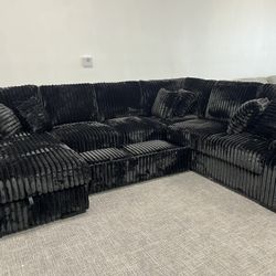 Huge Black Sectional W/ Pullout Sleeper & Storage Chaise - EZ $10 Down Payment Option Available 