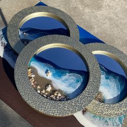 Set Of 3 Light Weight Mirrors Gold Frame , Resin Scene 