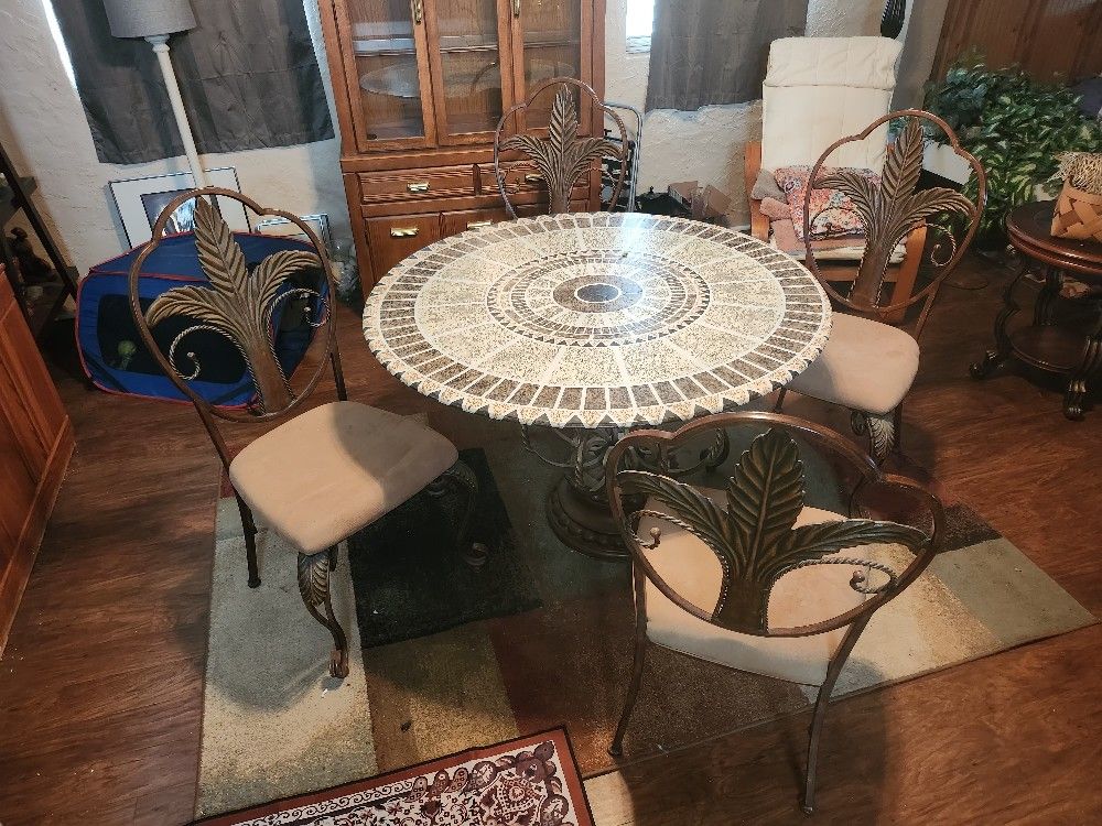 Unique Glass-Top Dining Set with Base & Foliage 4 Chairs