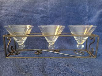 Metal Holder W/ 3 Martini Like Glass Inserts 