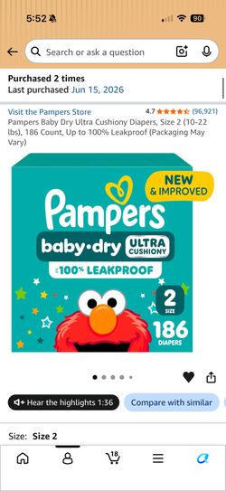Pampers Baby Dry Ultra Cushiony Diapers, Size 2 (10-22 lbs), 186 Count, Up to 100% Leakproof