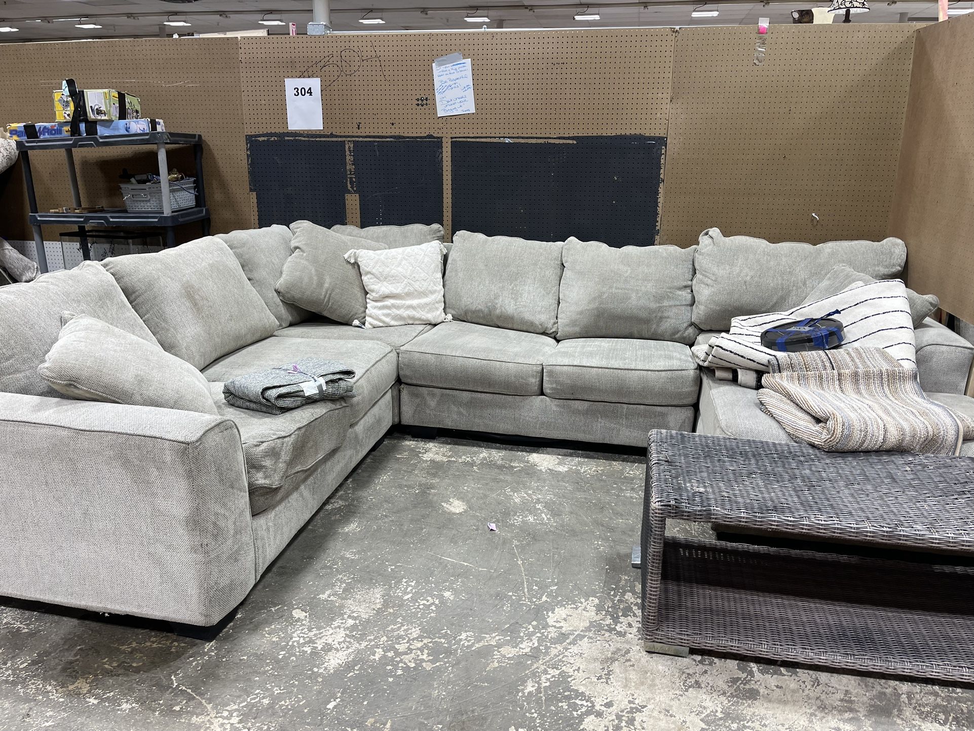 Ashley Furniture, Four Piece Sectional With Shark Robot Grey Black And White 8 X 10 Rug Electric Chair That Has Purple Led Lighting Around It