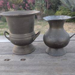 Vintage Brass Urn & Pitcher Set – Rustic Aged Patina – Decorative Display Pair


