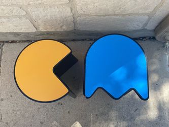 Retro Pac-Man Style Ghost & Yellow Arcade Stools / Side Tables Pair Game Room Decor