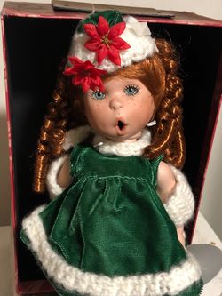 Christmas Porcelain Doll Green Dress Red Hair
