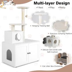 Litter Box Enclosure with Cat Tree Tower, 2-in-1 Hidden Cat Washroom with Cat Condo, Plush Perch, Scratching Posts, Hidden Cat Litter Box Furniture 