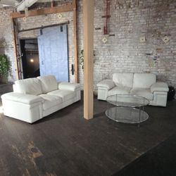2 White Cream Leather Vintage Sofas