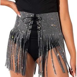Bling Crystal Waist Belt Women Bandage Self-tie Rhinestone Tassel Corset Skirt Belt