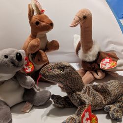 4 Vintage Beanie Babies Pouch, Stretch, Mel, Scaly