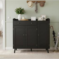 Black Large Shoe Cabinet fit up to Shoe Size 16, Shoe Storage Cabinet with 3 Doors and 1 Drawer, Wooden Shoe Organizer for entryway