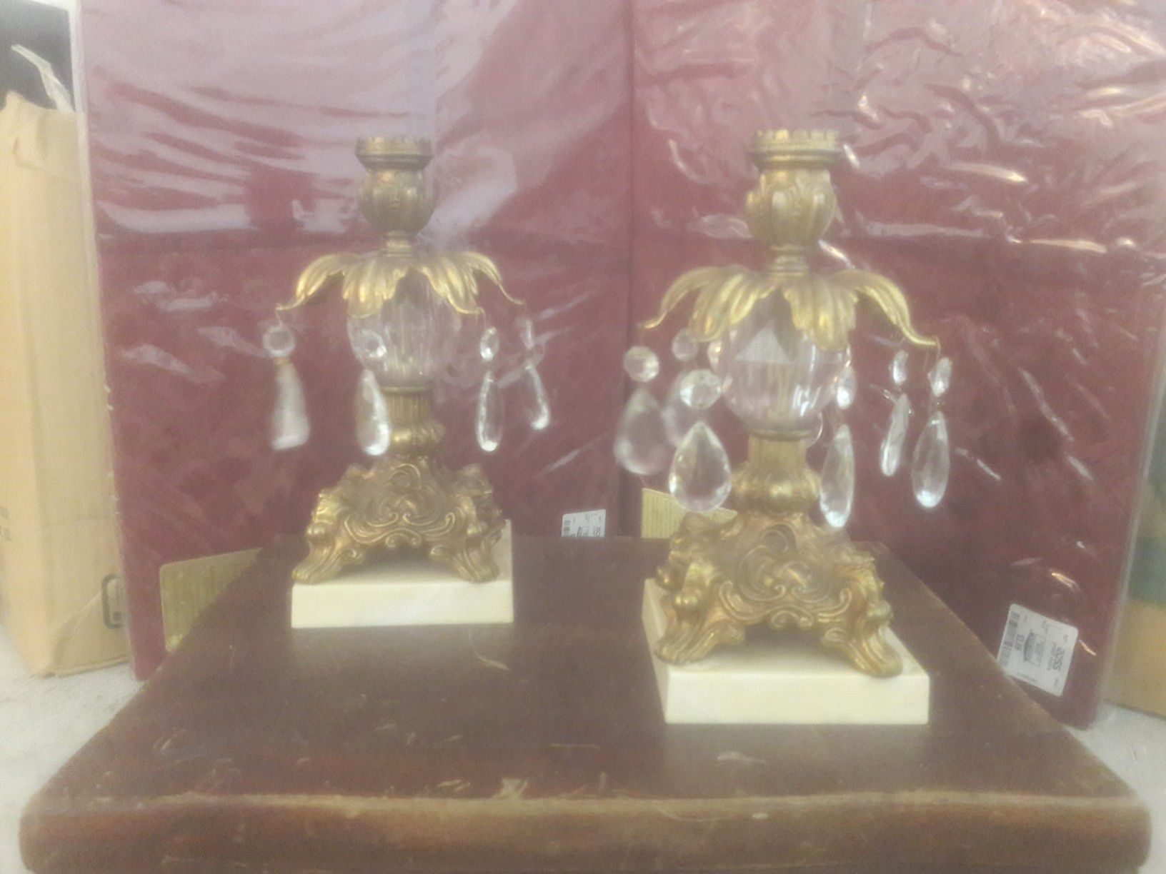 Vtg Brass marble Candle Holder Candelabra ornate w/ Hanging Crystals Prisms 9"