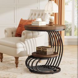 Round End Side Table: Side Table with 2 Tiers, Vintage End Table
