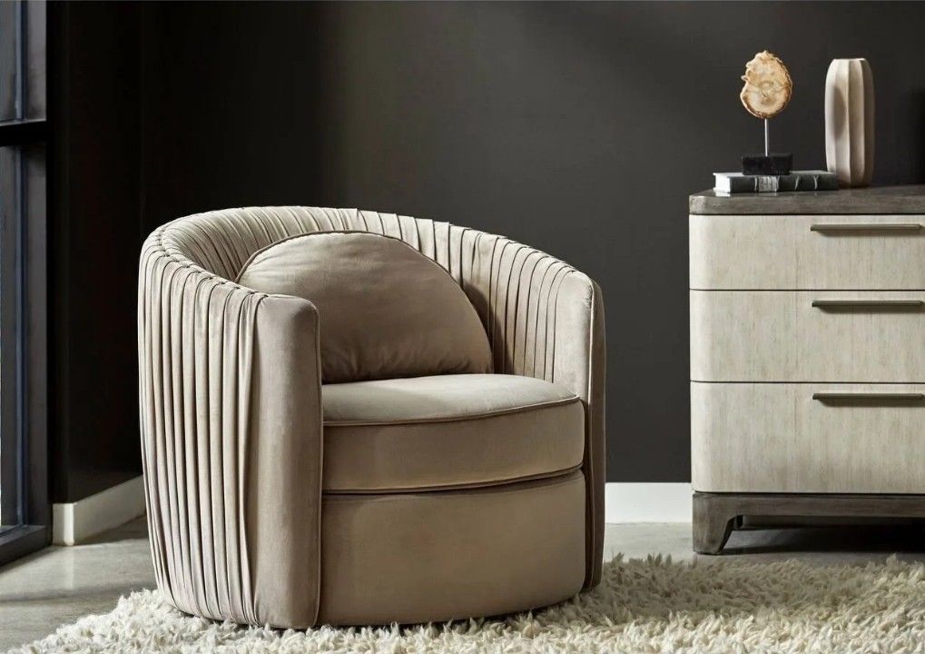 Pleated Velvet Swivel Accent Chair In Taupe W/Pillow