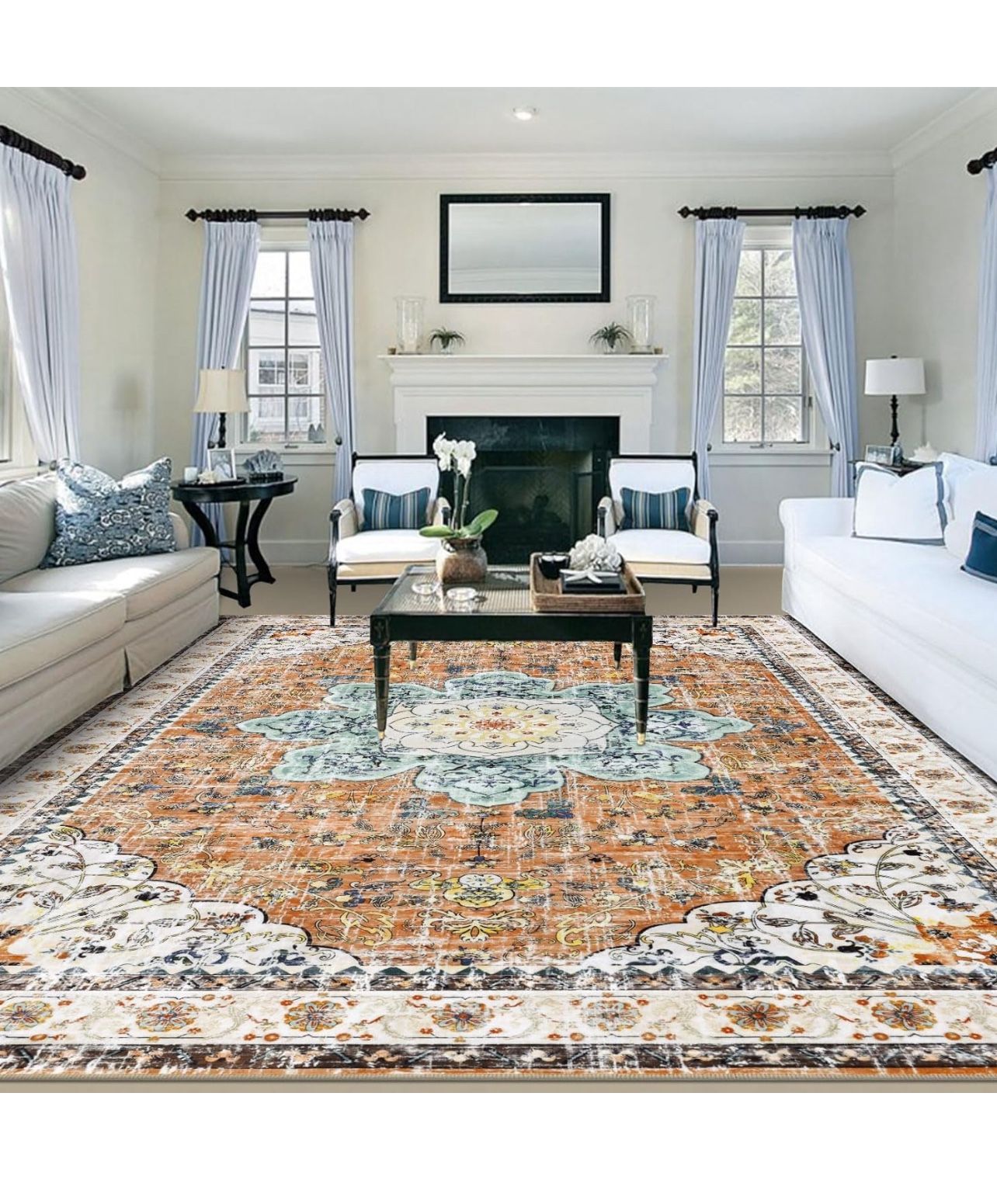 Brandnew Bohemian Vintage Area Rug 6x9ft, Machine Washable Low-Pile Accent Carpet, Non-Shedding Non-Slip Living Room Floor Throw Rugs for Bedroom,Dini