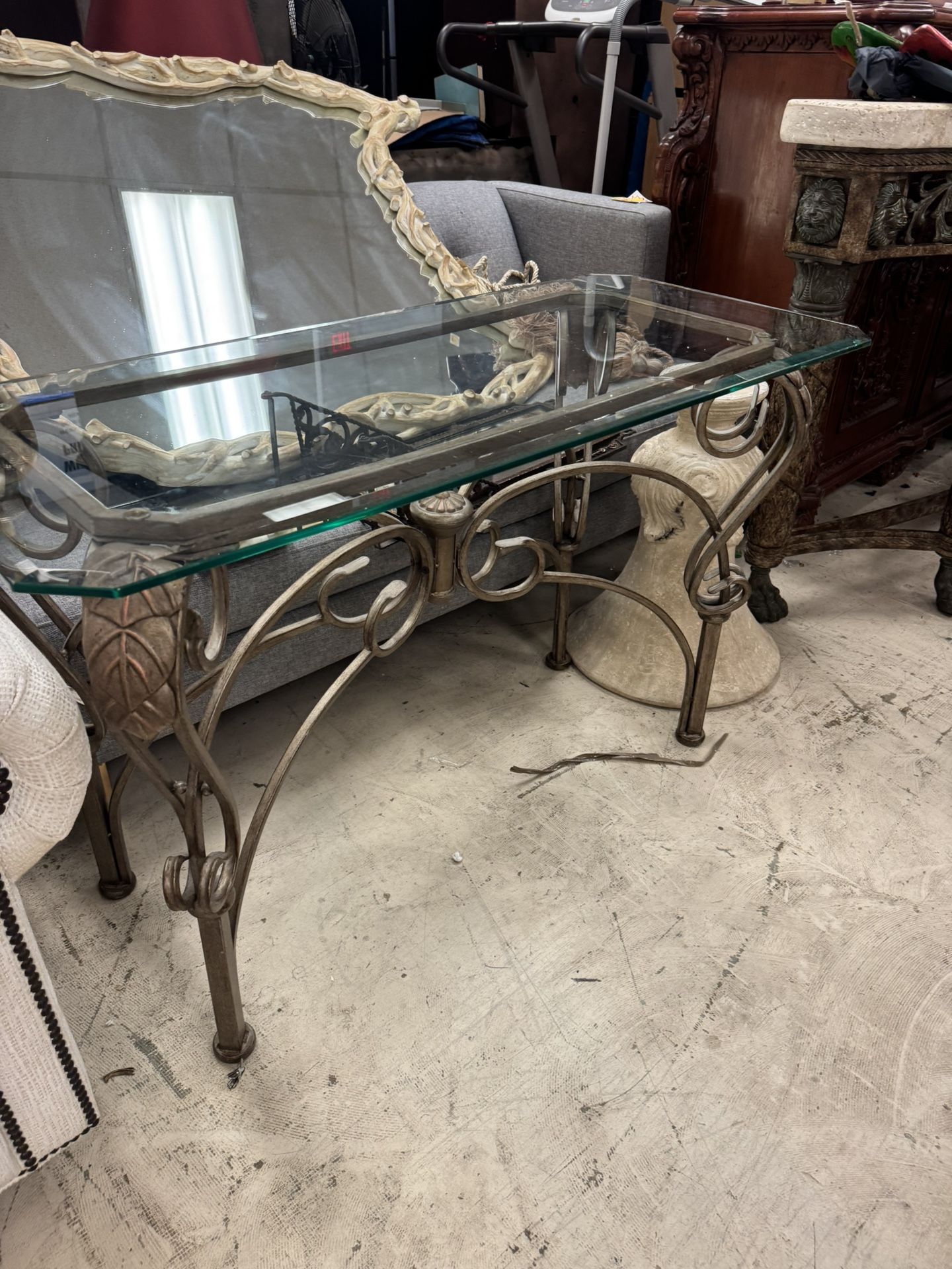 cast iron and glass console table - 45” x 20