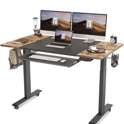 FEZIBO 55-Inch Dual Motor Height Adjustable Electric Standing Desk with Keyboard Tray, Sit Stand Table with Splice Board, Black Frame/Rustic Brown and