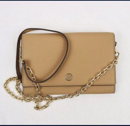 Tory Burch Robinson Brown Chain Wallet w/Blue Interior & 16 Card Pockets