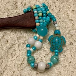 Wooden Handcrafted Beaded Chopstick Hair Pin w/Stone Turtle and Glass Beads, 7”