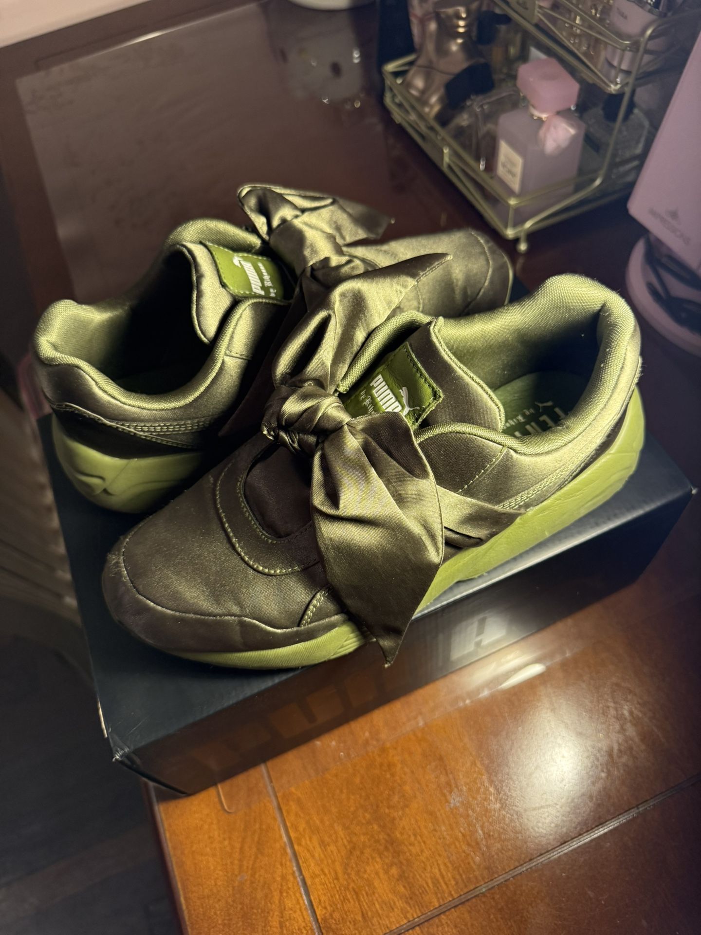 Puma x Rihanna Fenty Bow Olive Satin Sneakers